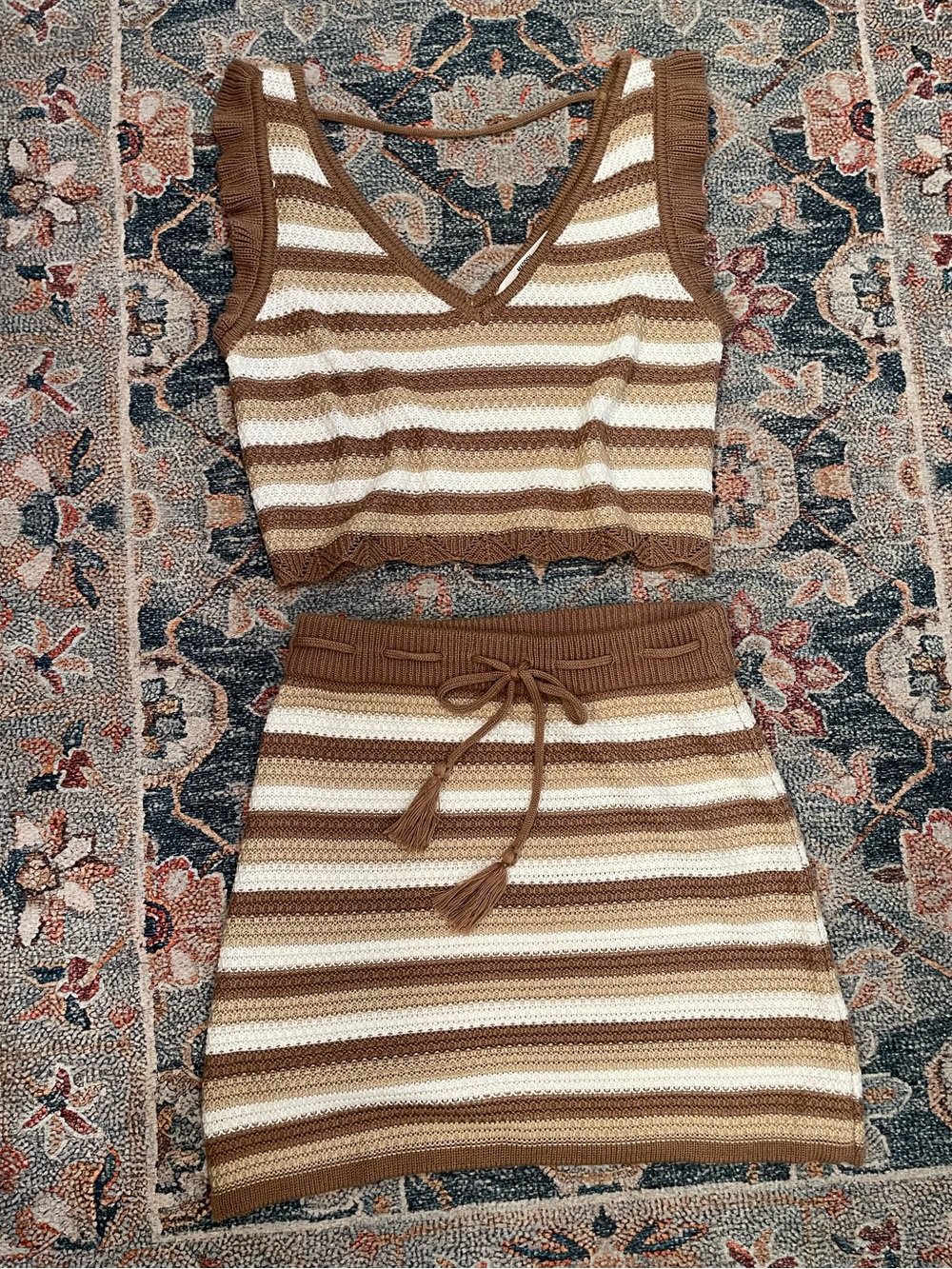 Madden Girl Striped Knit Drawstring Mini Skirt & Crop Top - Brown & Cream